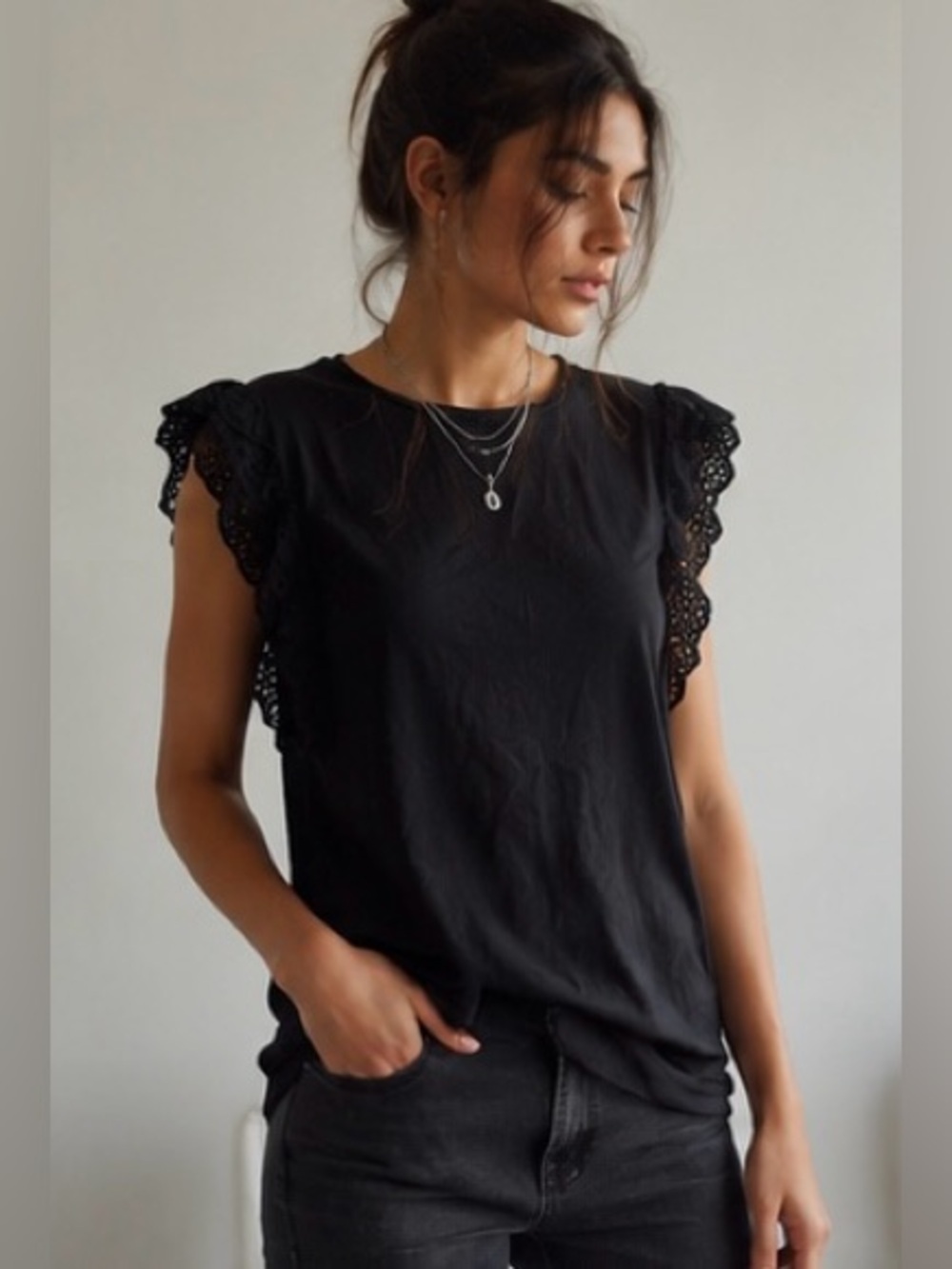 All Saints Broderie Ruffle Sleeve T-shirt Top - Black - small
